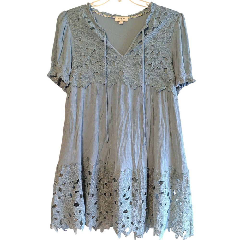 Umgee USA Women Sage Crochet Lace Babydoll Tunic Top Mini Dress Large K6138 - Picture 2 of 11